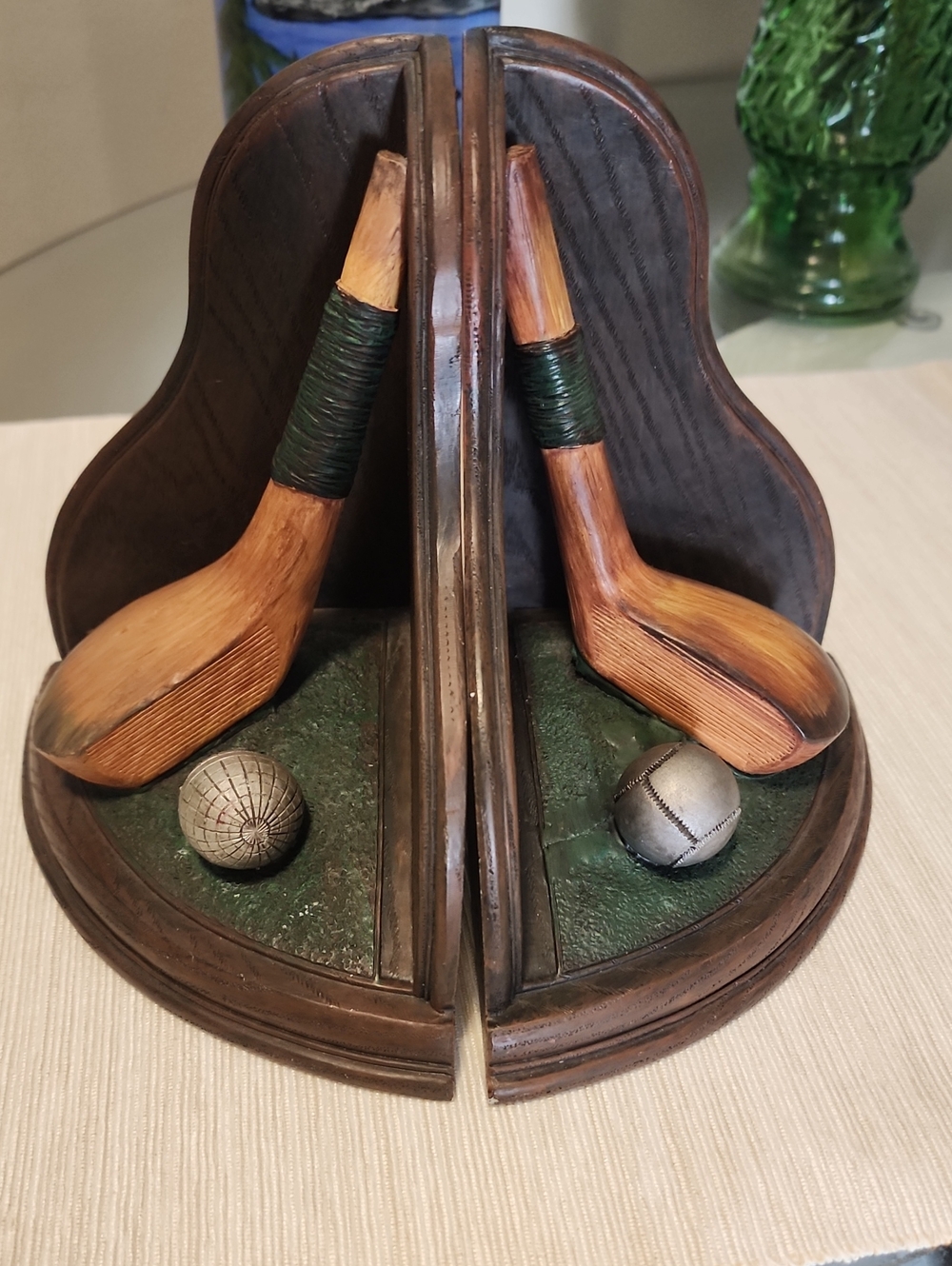 Vintage Golf Club Bookends - Wood & Metal Design in Brown and Green